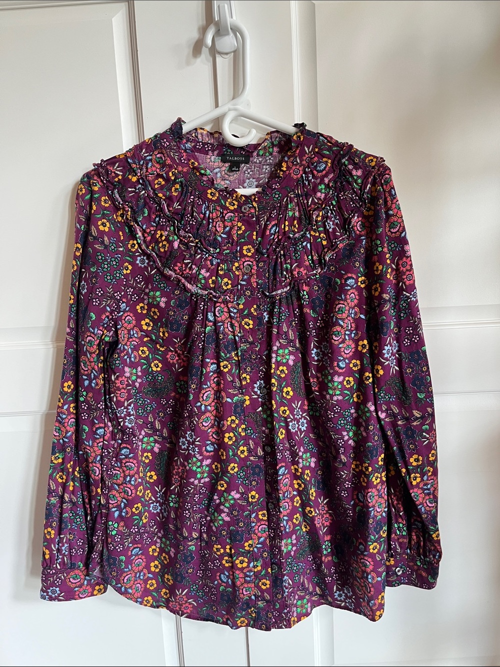 Talbots Plum Floral Ruffle-Neck Blouse